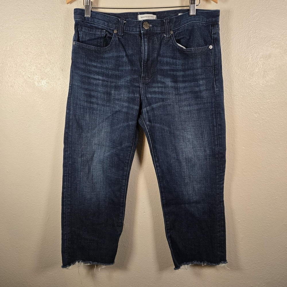 Banana Republic Boyfriend Jeans Womens 30S Blue Dark‎ Wash Crop Raw Hem Stretch